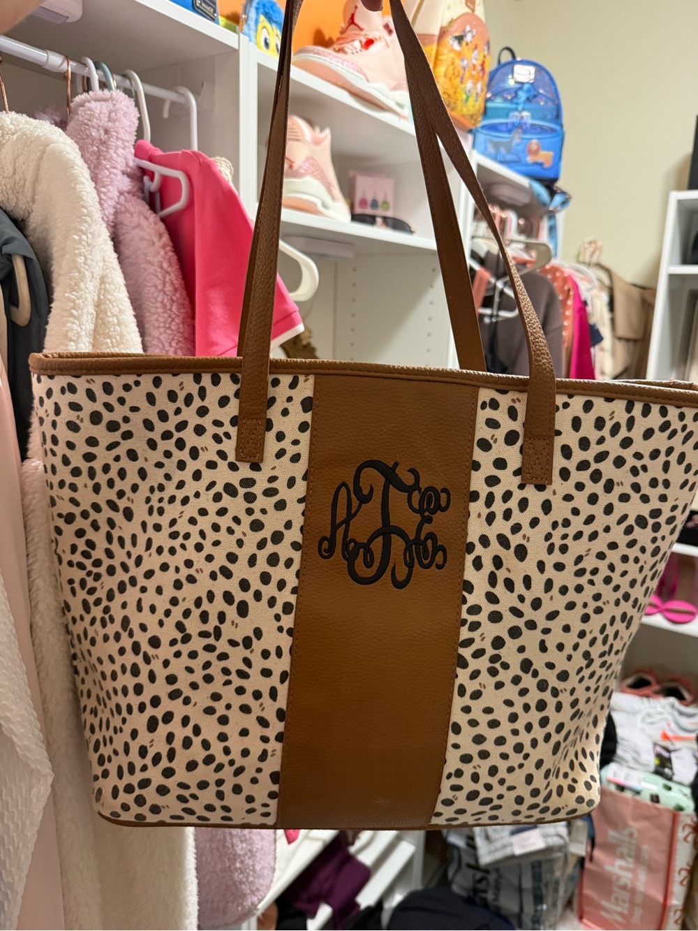 Monogrammed Leopard-Print Tote Bag in Brown and Cream ATE initials